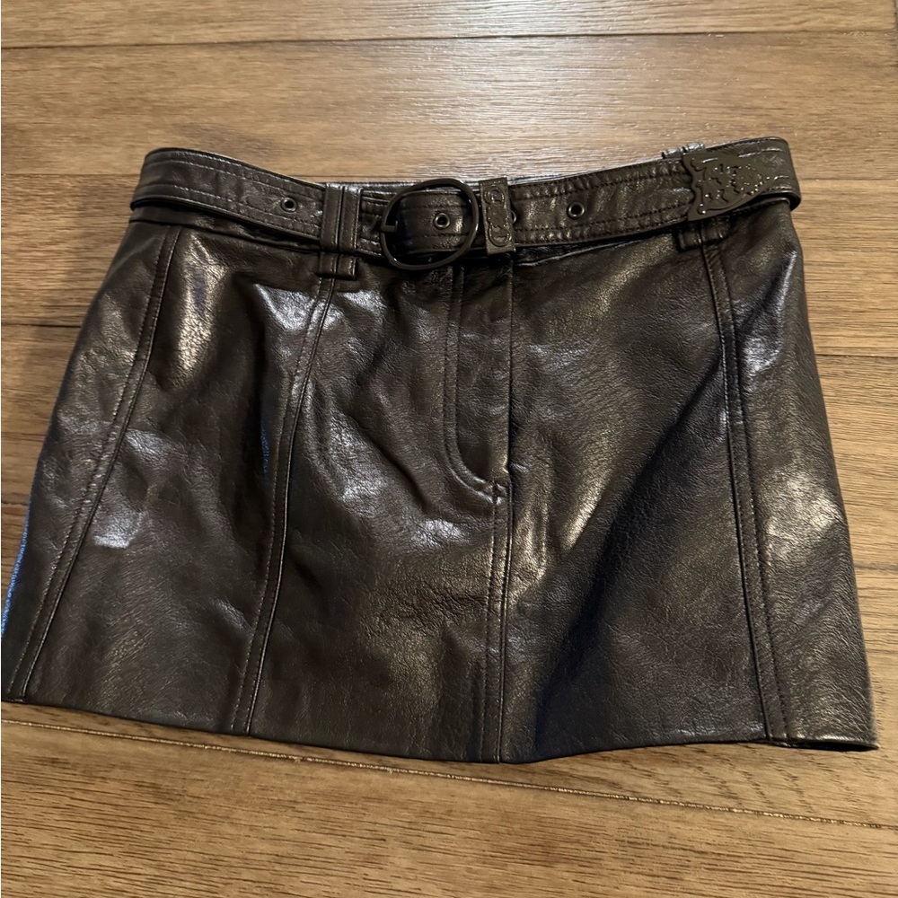Mistress Rocks Black Vegan Leather Belted Mini Skirt Western Hardware XS